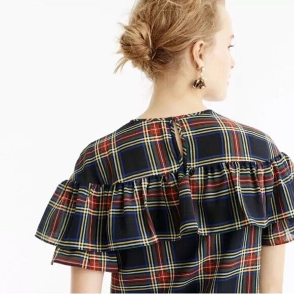 J Crew Edie Stewart Tartan Plaid Ruffle Top Festive Blouse C28 - Picture 2 of 8